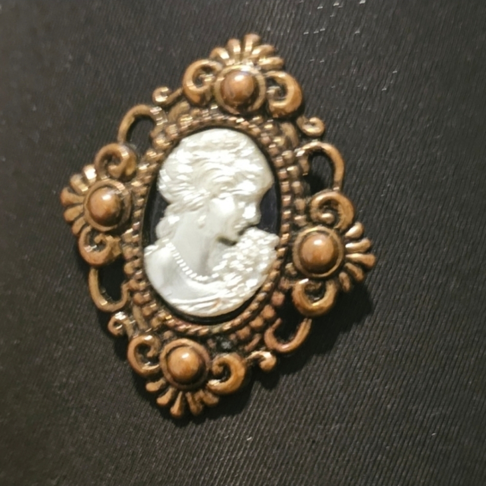 Vintage Cameo Pendant Brooch in Bronze and Black